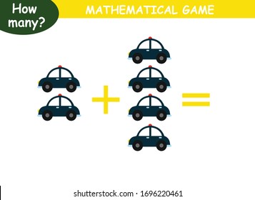 examples of addition with cars. educational page with mathematical examples for children.