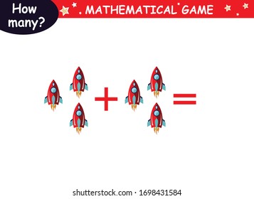 examples of addition with cosmic elements (red rocket, green rocket, planet, earth, saturn, astronaut, Mars, stars). educational page with mathematical examples for children.