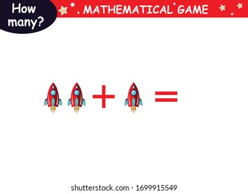 examples of addition with cosmic elements (red rocket, green rocket, planet, earth, saturn, astronaut, Mars, stars). educational page with mathematical examples for children.