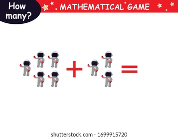 examples of addition with cosmic elements (red rocket, green rocket, planet, earth, saturn, astronaut, Mars, stars). educational page with mathematical examples for children.
