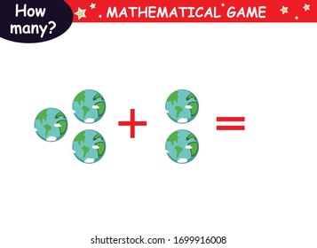 examples of addition with cosmic elements (red rocket, green rocket, planet, earth, saturn, astronaut, Mars, stars). educational page with mathematical examples for children.