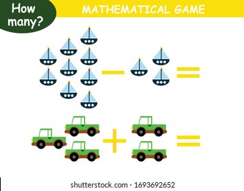 Beispiele für die Zugabe und Subtraktion mit Autos. Lernseite mit mathematischen Beispielen für Kinder.