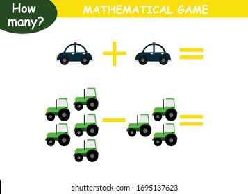 examples of addition and subtraction with cars. educational page with mathematical examples for children.
