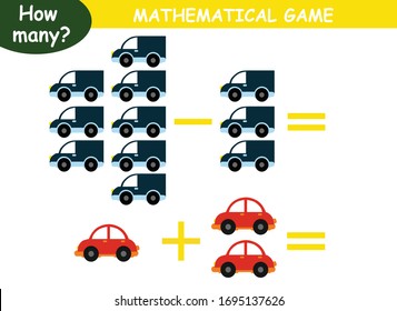 examples of addition and subtraction with cars. educational page with mathematical examples for children.