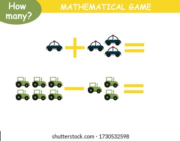 examples of addition and subtraction with cars. educational page with mathematical examples for children.
