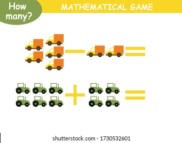 examples of addition and subtraction with cars. educational page with mathematical examples for children.