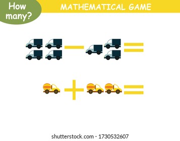 examples of addition and subtraction with cars. educational page with mathematical examples for children.