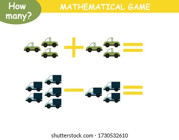examples of addition and subtraction with cars. educational page with mathematical examples for children.