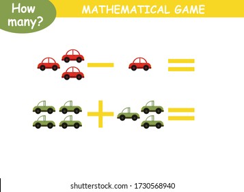 ejemplos de adición y sustracción con coches. página educativa con ejemplos matemáticos para niños.