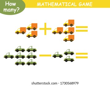 examples of addition and subtraction with cars. educational page with mathematical examples for children.