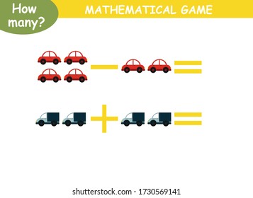 examples of addition and subtraction with cars. educational page with mathematical examples for children.