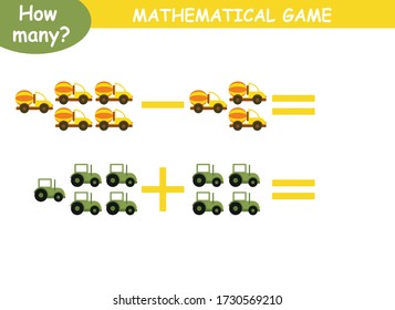 examples of addition and subtraction with cars. educational page with mathematical examples for children.