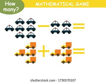 examples of addition and subtraction with cars. educational page with mathematical examples for children.