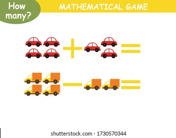 examples of addition and subtraction with cars. educational page with mathematical examples for children.
