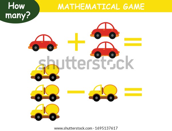examples of addition\
and subtraction with cars. educational page with mathematical\
examples for\
children.