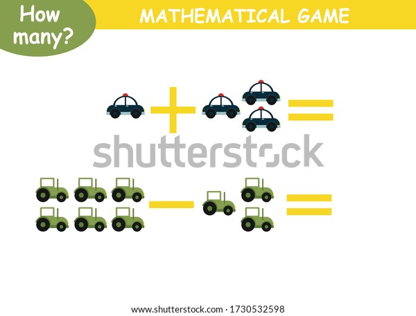 examples of addition\
and subtraction with cars. educational page with mathematical\
examples for\
children.