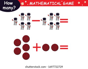 examples of addition and subtraction with cosmic elements (planet, astronaut, Mars, stars). educational page with mathematical examples for children.