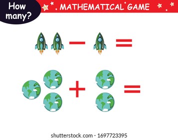 examples of addition and subtraction with cosmic elements (red rocket, green rocket, planet, earth, saturn, astronaut, Mars, stars). educational page with mathematical examples for children.