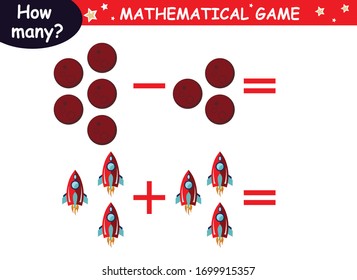 examples of addition and subtraction with cosmic elements (red rocket, green rocket, planet, earth, saturn, astronaut, Mars, stars). educational page with mathematical examples for children.