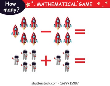 examples of addition and subtraction with cosmic elements (red rocket, green rocket, planet, earth, saturn, astronaut, Mars, stars). educational page with mathematical examples for children.