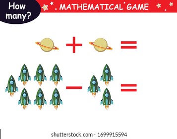 examples of addition and subtraction with cosmic elements (red rocket, green rocket, planet, earth, saturn, astronaut, Mars, stars). educational page with mathematical examples for children.