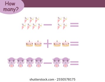 Ejemplos de suma y resta con animales lindos. Página educativa con ejemplos de matemáticas para niños.