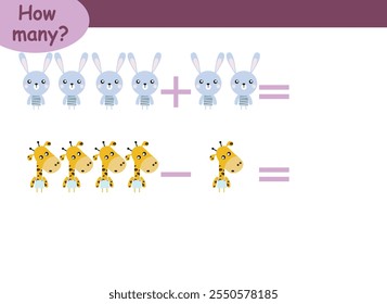 Ejemplos de suma y resta con animales lindos. Página educativa con ejemplos de matemáticas para niños.