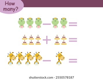 Ejemplos de suma y resta con animales lindos. Página educativa con ejemplos de matemáticas para niños.