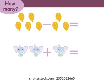 Ejemplos de suma y resta con animales lindos. Página educativa con ejemplos de matemáticas para niños.