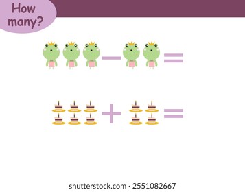 Ejemplos de suma y resta con animales lindos. Página educativa con ejemplos de matemáticas para niños.