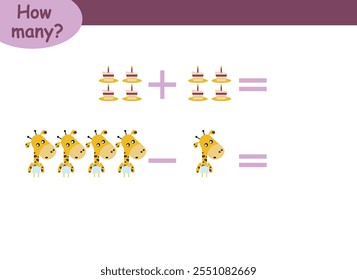 Ejemplos de suma y resta con animales lindos. Página educativa con ejemplos de matemáticas para niños.