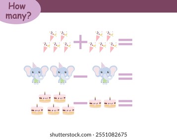 Ejemplos de suma y resta con animales lindos. Página educativa con ejemplos de matemáticas para niños.