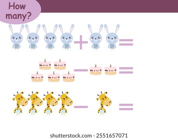 examples of addition and subtraction with cute animals. educational page with math examples for children.