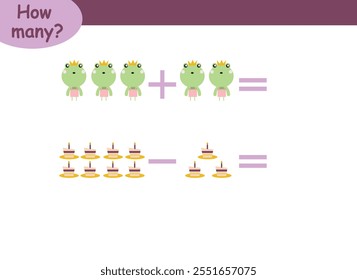 examples of addition and subtraction with cute animals. educational page with math examples for children.