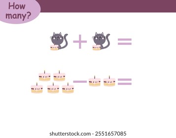 examples of addition and subtraction with cute animals. educational page with math examples for children.