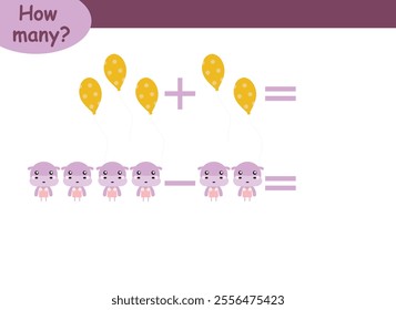 examples of addition and subtraction with cute animals. educational page with math examples for children.