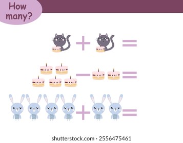 examples of addition and subtraction with cute animals. educational page with math examples for children.