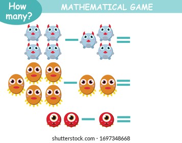 ejemplos de adición y sustracción con monstruos lindos. página educativa con ejemplos matemáticos para niños.