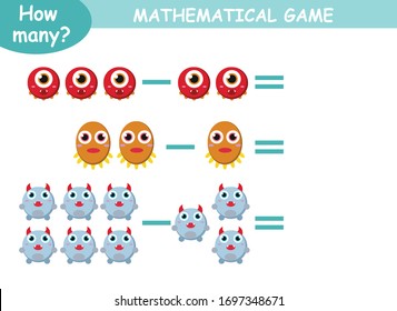 examples of addition and subtraction with cute monsters. educational page with mathematical examples for children.