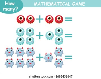 examples of addition and subtraction with cute monsters. educational page with mathematical examples for children.