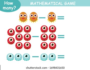 examples of addition and subtraction with cute monsters. educational page with mathematical examples for children.