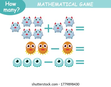 examples of addition and subtraction with cute monsters. educational page with mathematical examples for children.