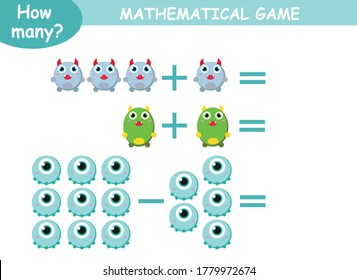 examples of addition and subtraction with cute monsters. educational page with mathematical examples for children.