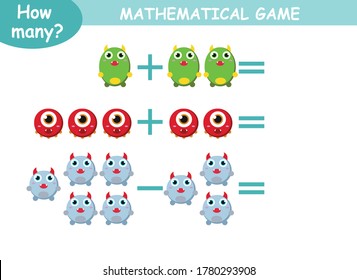 ejemplos de adición y sustracción con monstruos lindos. página educativa con ejemplos matemáticos para niños.