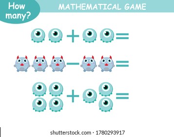 examples of addition and subtraction with cute monsters. educational page with mathematical examples for children.