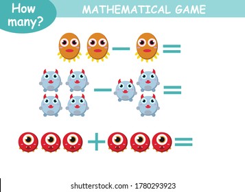 examples of addition and subtraction with cute monsters. educational page with mathematical examples for children.