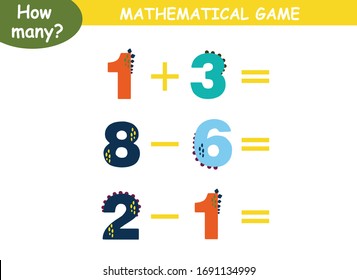 examples of addition and subtraction with dinosaurs. educational page with mathematical examples for children.