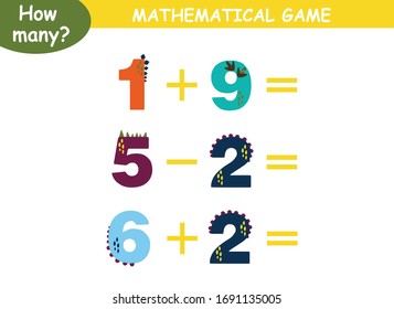 examples of addition and subtraction with dinosaurs. educational page with mathematical examples for children.