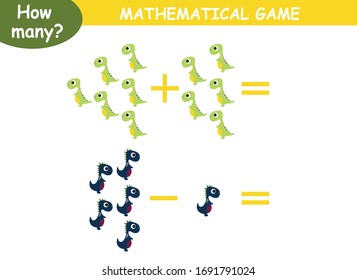 examples of addition and subtraction with dinosaurs. educational page with mathematical examples for children.