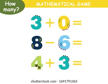 ejemplos de adición y sustracción con dinosaurios. página educativa con ejemplos matemáticos para niños.